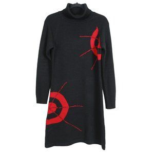 Black Red Patterned Turtleneck Sweater Dress